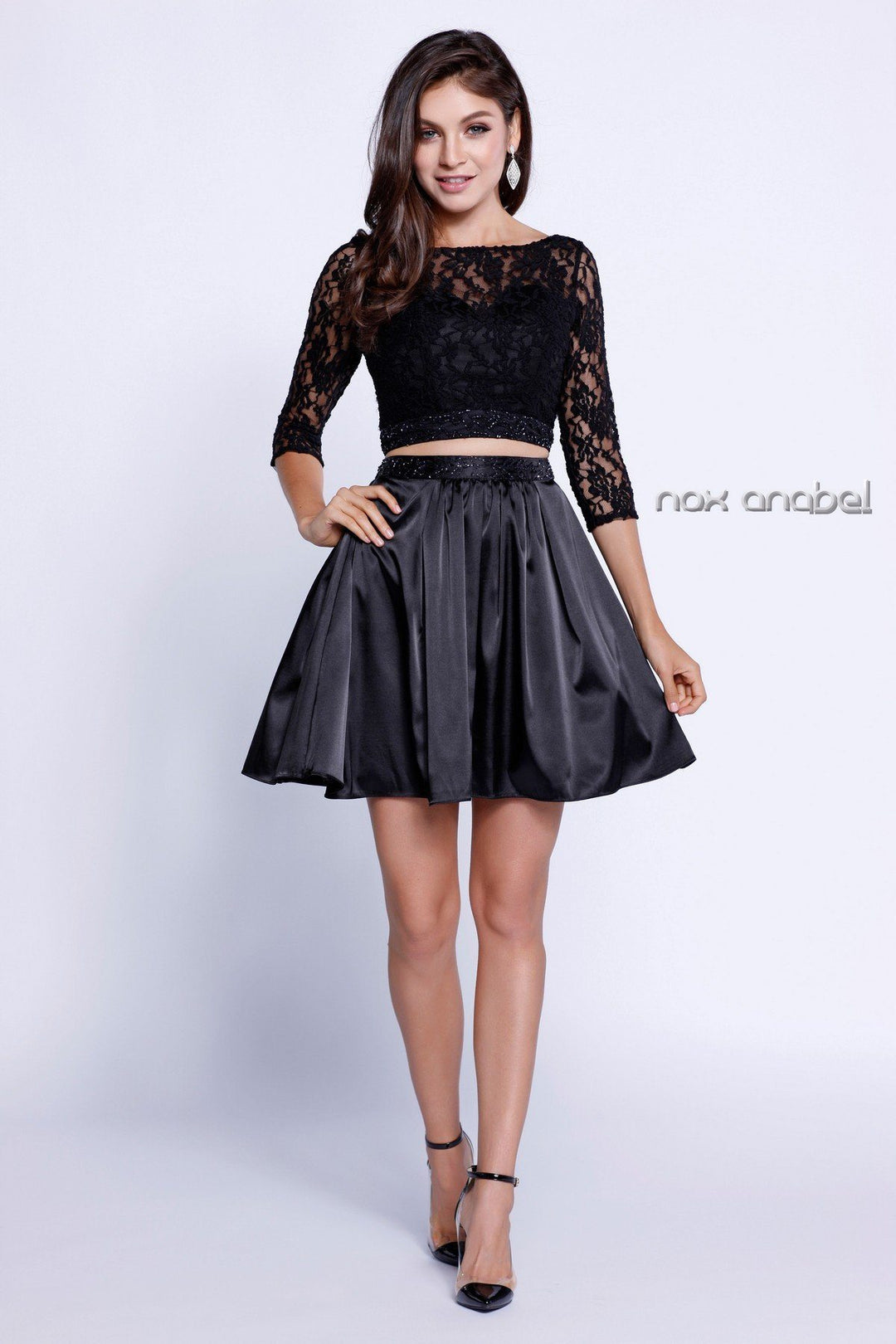 3/4 Sleeve Lace Crop Top Short Cocktail Dress by Nox Anabel 6166-Short Cocktail Dresses-ABC Fashion