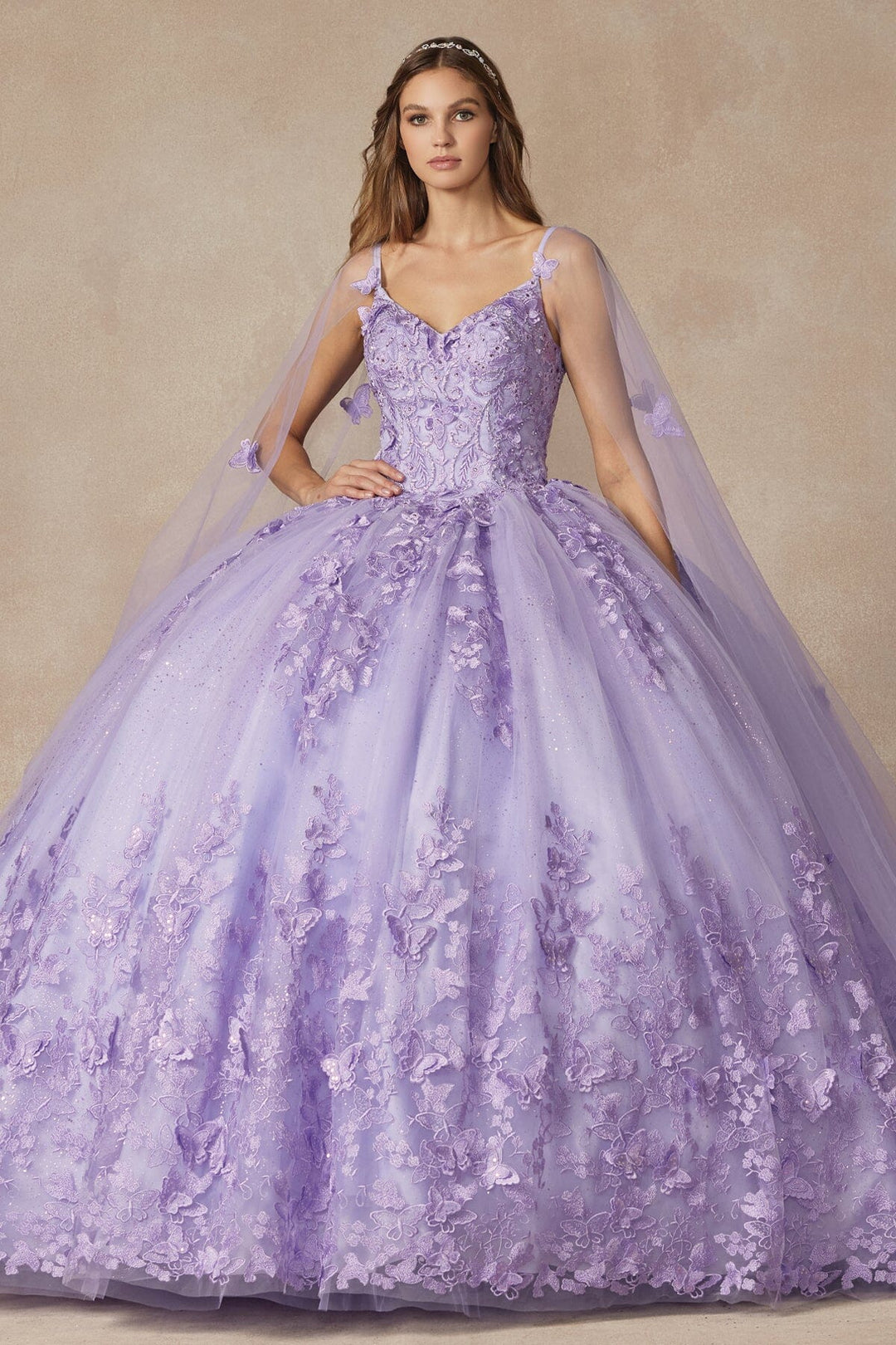 3D Butterfly Sleeveless Cape Ball Gown by Juliet 1442