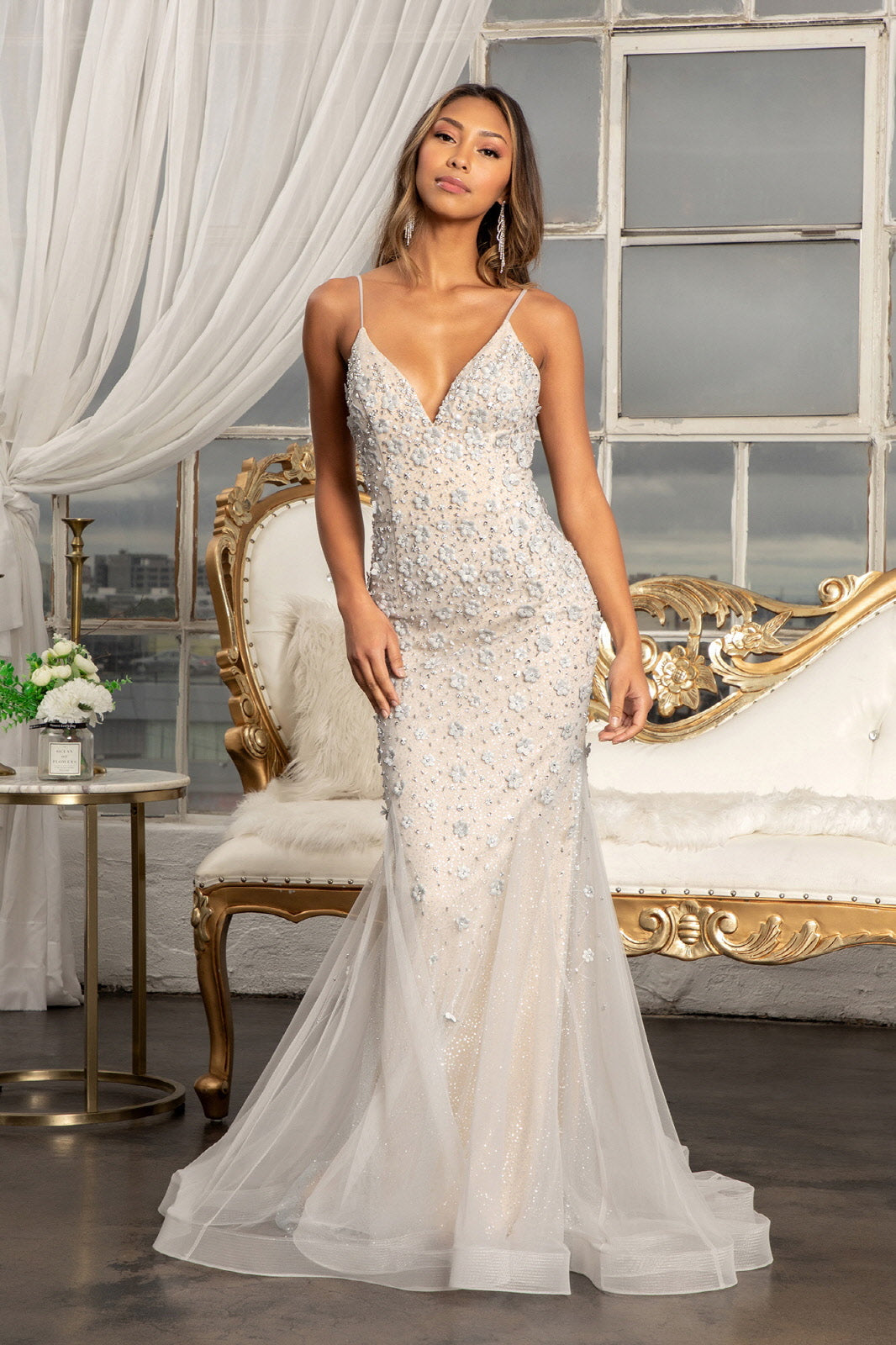 3D Floral Applique Mermaid Dress by Elizabeth K GL3000 M / Grey/Nude