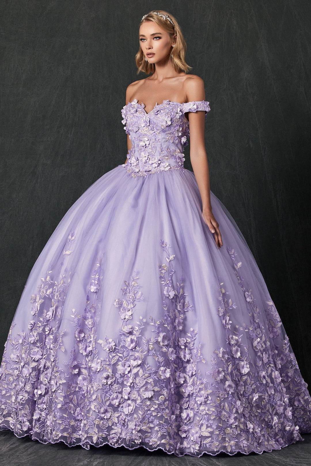 3D Floral Off Shoulder Ball Gown by Juliet 1434