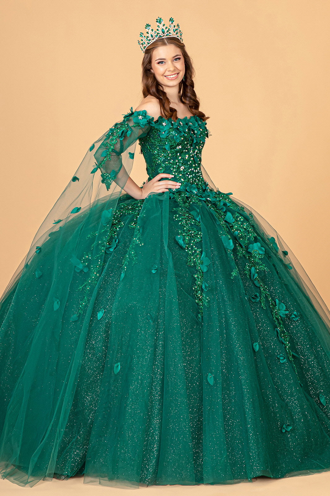 3D Floral Cape Sleeve Ball Gown by Elizabeth K GL3075