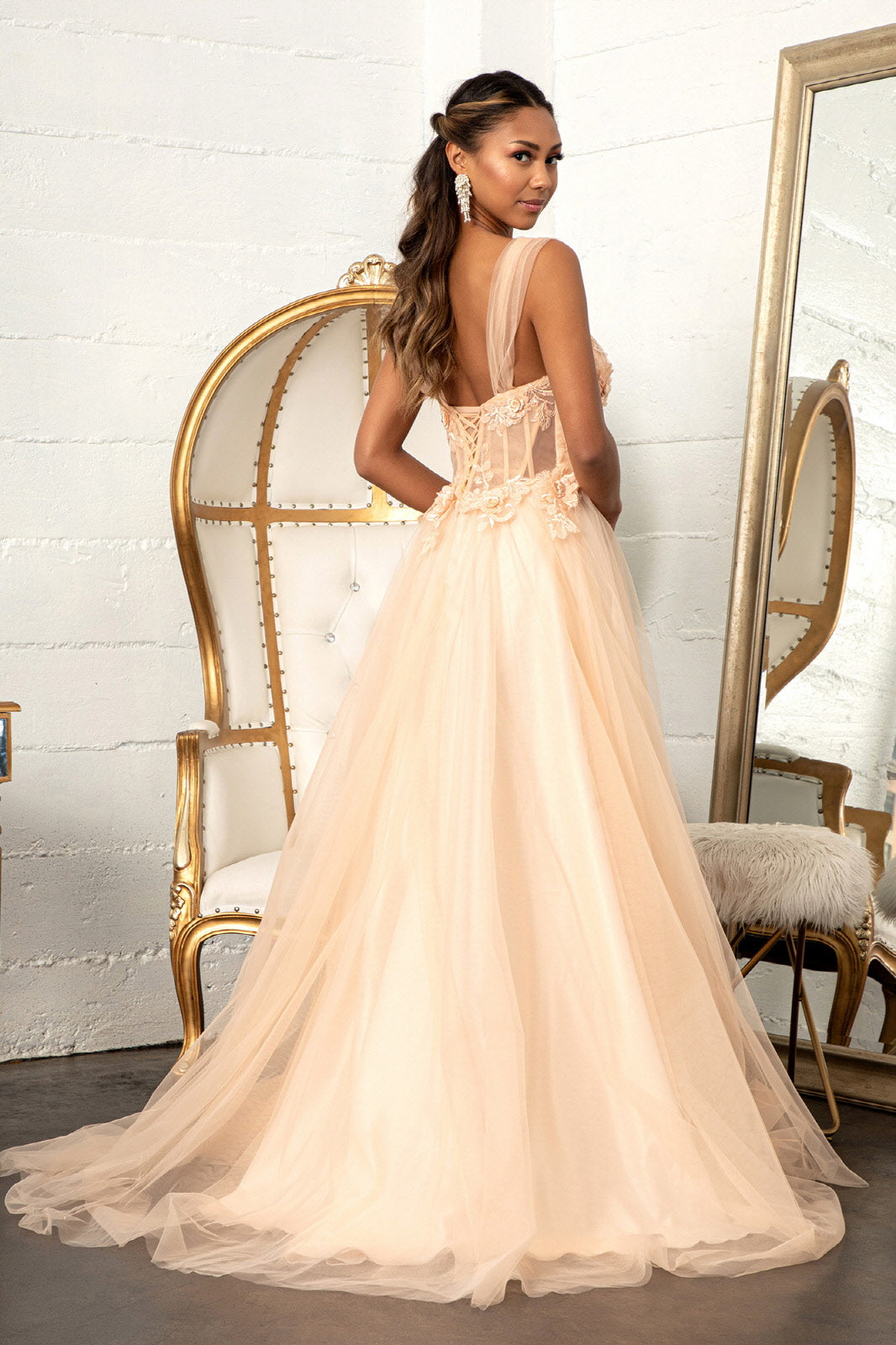 3D Floral Corset Gown by Elizabeth K GL3007 L / Rose Gold 3D Floral Corset Gown by Elizabeth K GL3007 L / Rose Gold