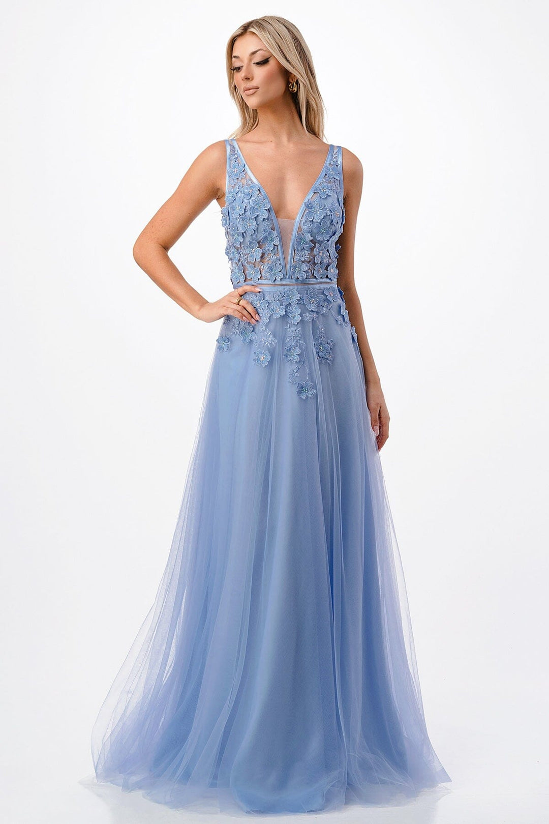 3D Floral Deep V-Neck Tulle Gown by Coya P2114