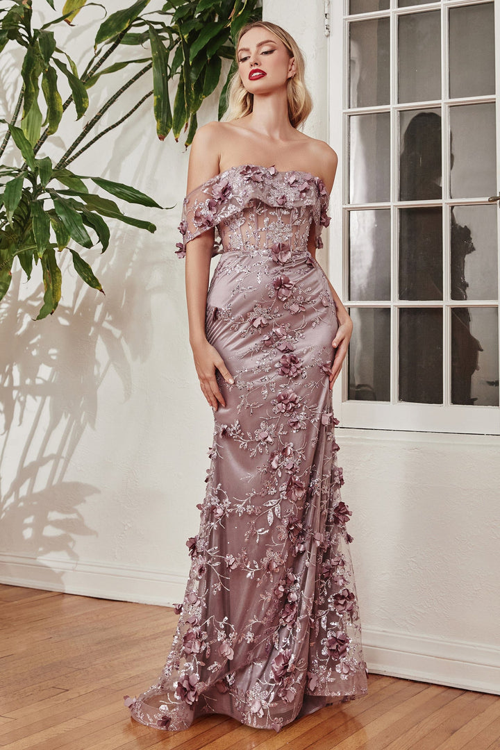 3D Floral Fitted Off Shoulder Gown by Ladivine J832