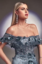 3D Floral Fitted Off Shoulder Gown by Ladivine J832