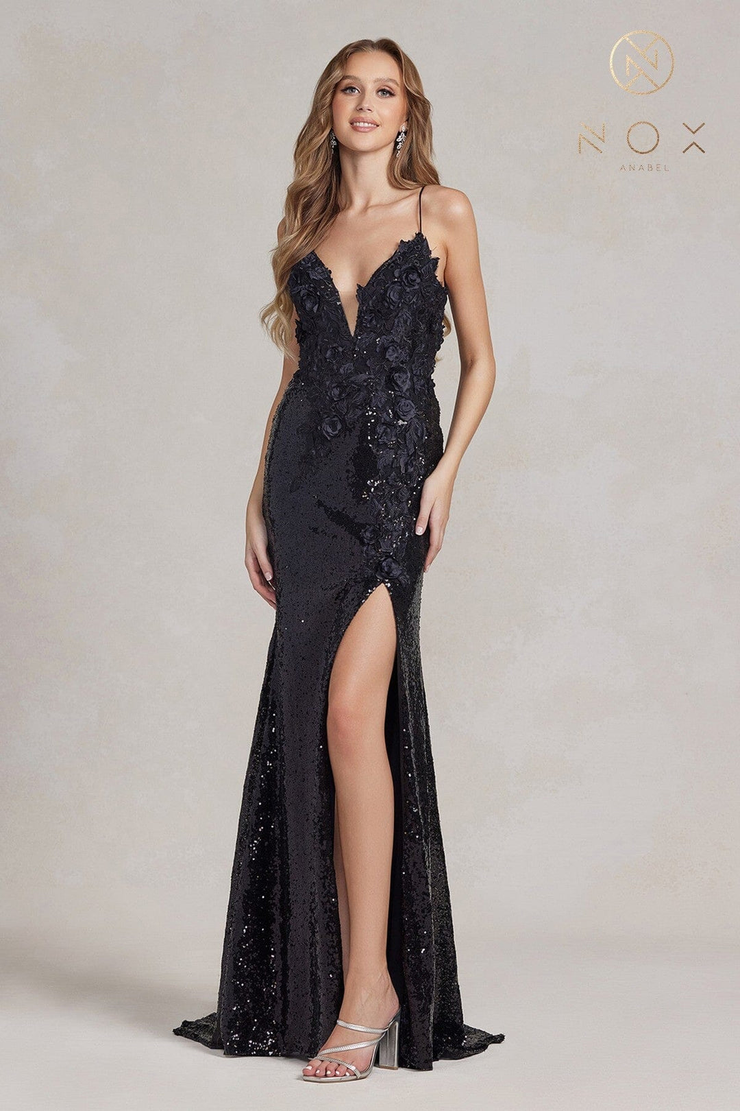 3D Floral Fitted Sequin Slit Gown by Nox Anabel R1207