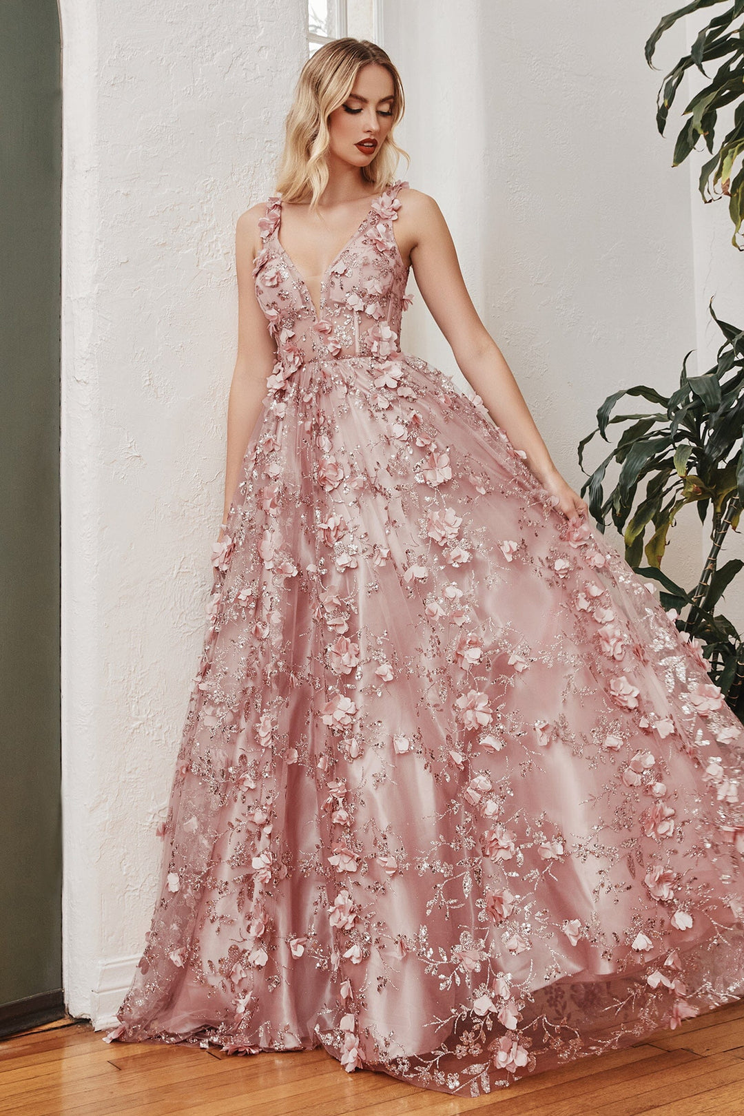 3D Floral Glitter Ball Gown by Ladivine J838