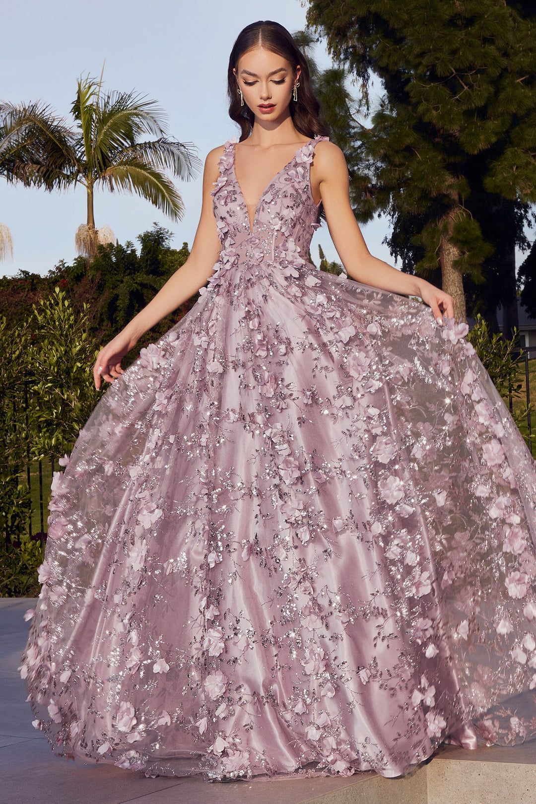 3D Floral Glitter Ball Gown by Ladivine J838