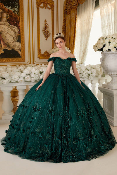 3D Floral Glitter Off Shoulder Ball Gown by Ladivine 15704