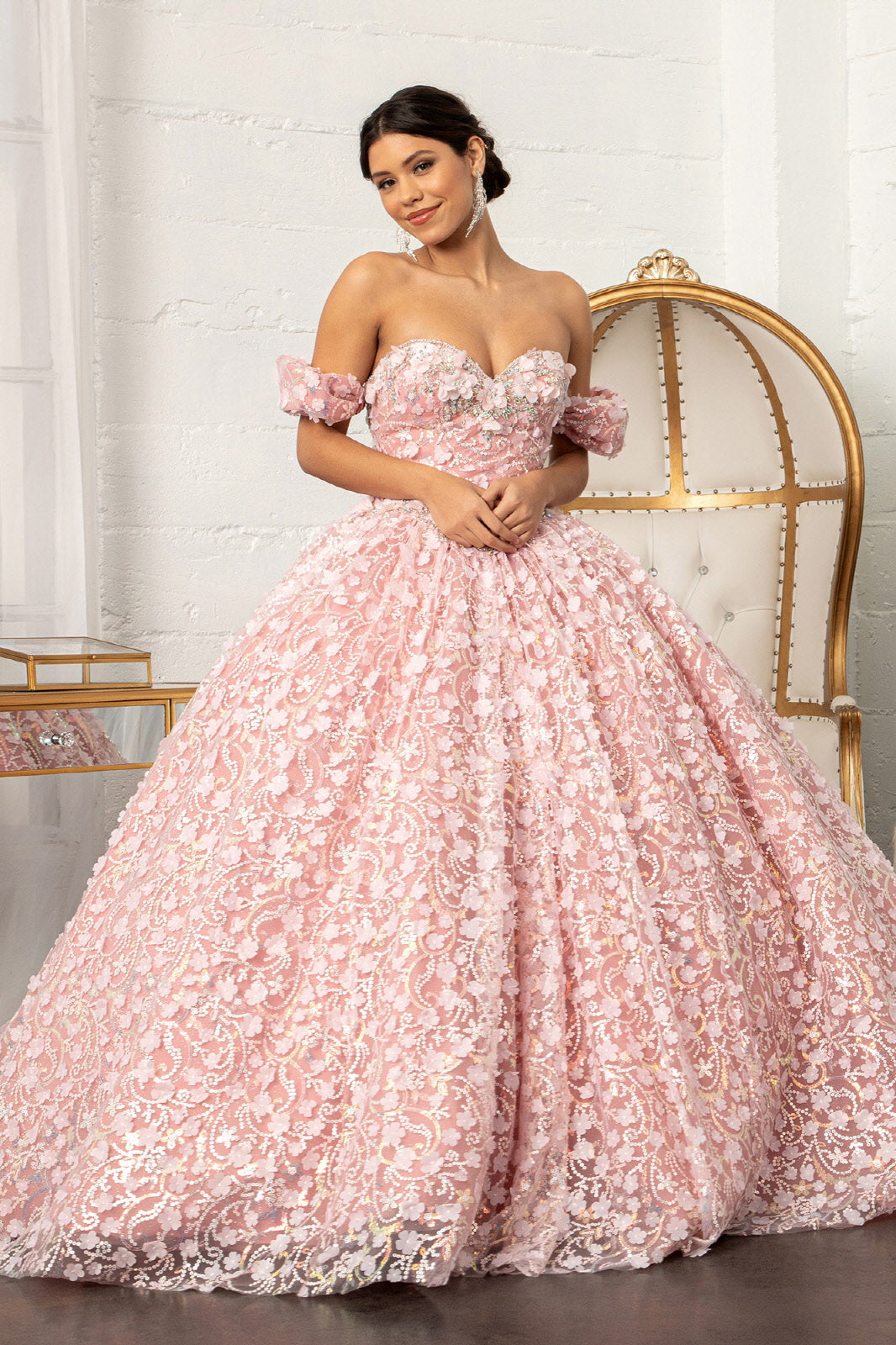 3D Floral Off Shoulder Ball Gown by Elizabeth K GL3019