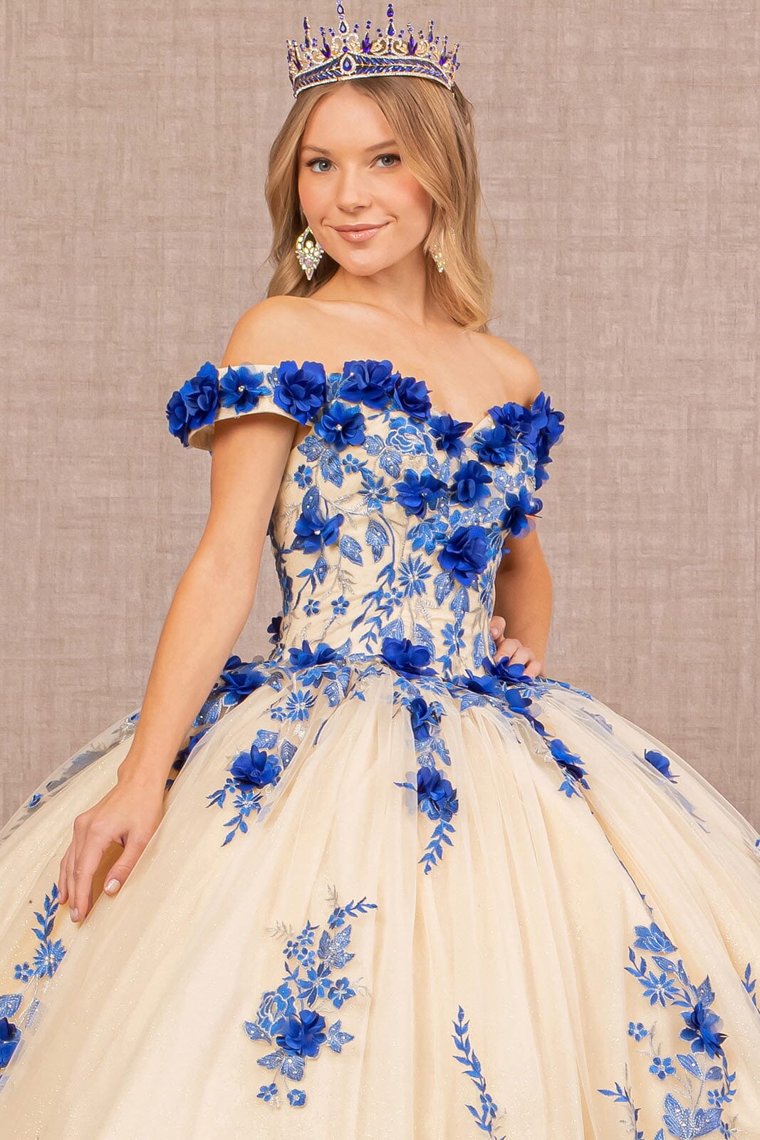 Vintage Renaissance Gold Floral Off-Shoulder Ball Gown with Lace, Floral & Beaded Details