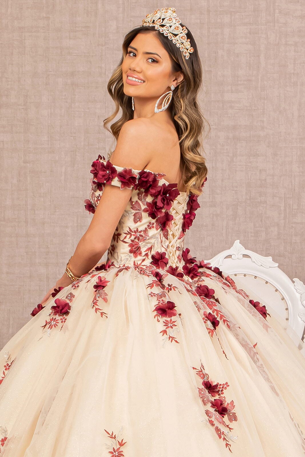 3D Floral Off Shoulder Ball Gown by Elizabeth K GL3105