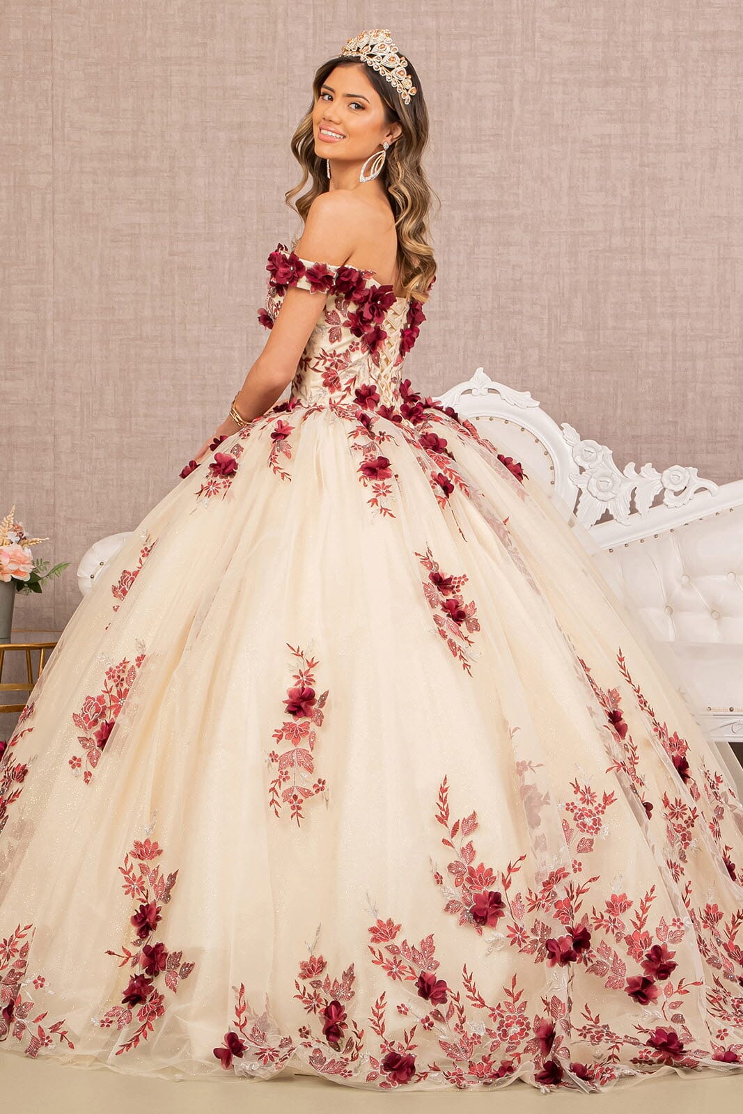 3D Floral Off Shoulder Ball Gown by Elizabeth K GL3105