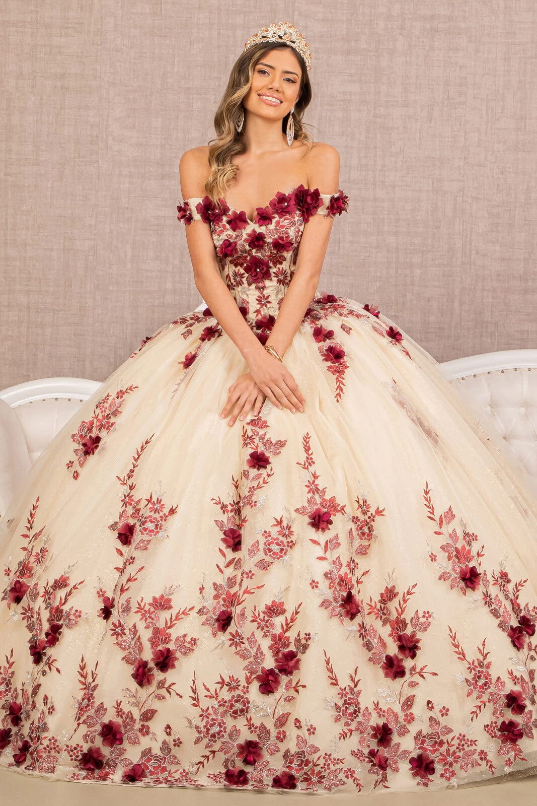 3D Floral Off Shoulder Ball Gown by Elizabeth K GL3105