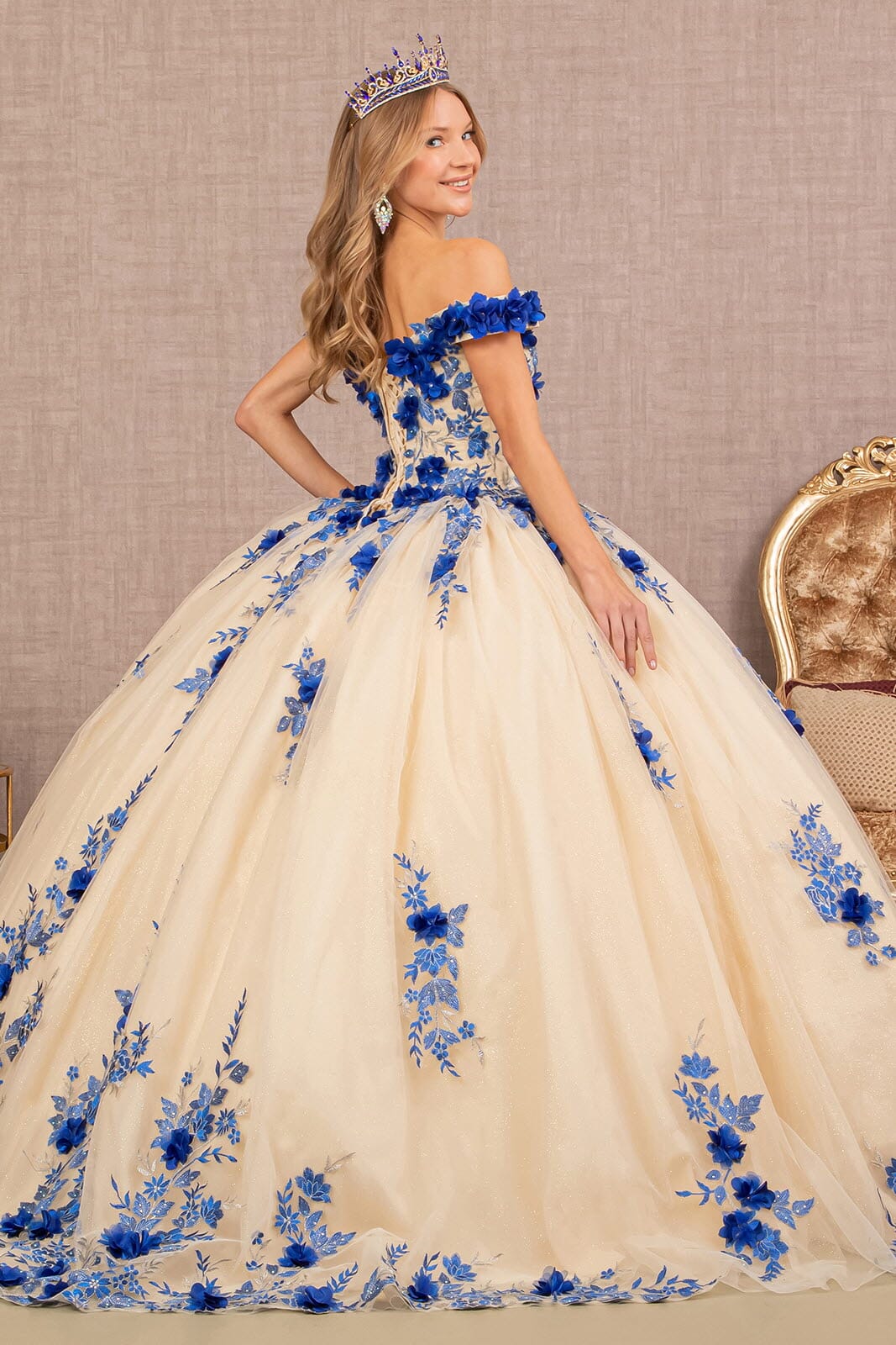 3D Floral Off Shoulder Ball Gown by Elizabeth K GL3105