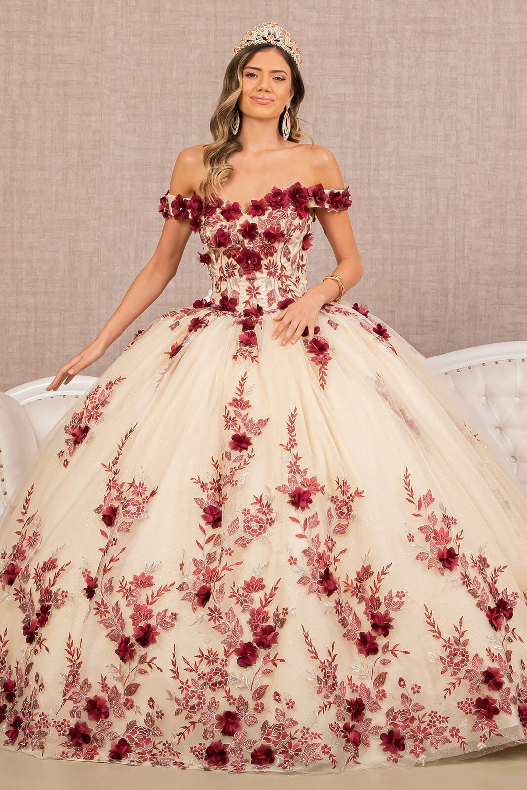 3D Floral Off Shoulder Ball Gown by Elizabeth K GL3105