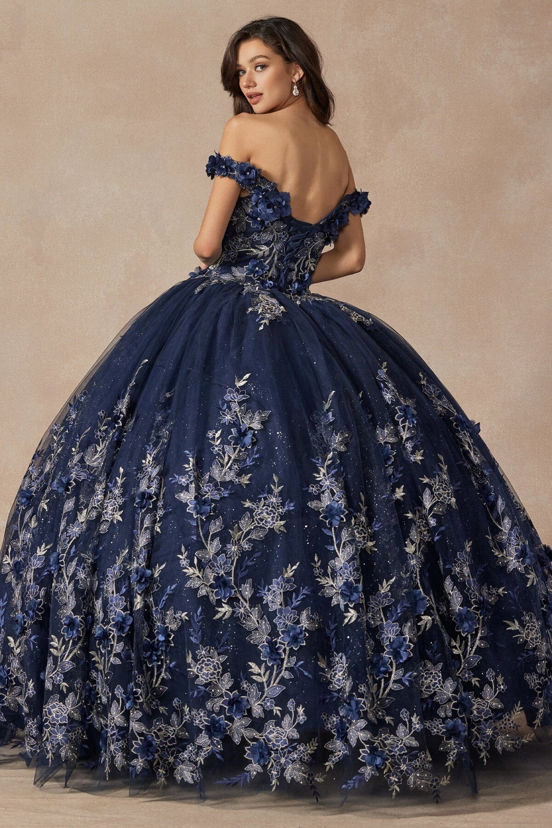 3D Floral Applique Off Shoulder Ball Gown by Juliet 1447