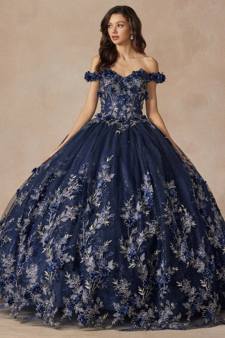 3D Floral Applique Off Shoulder Ball Gown by Juliet 1447