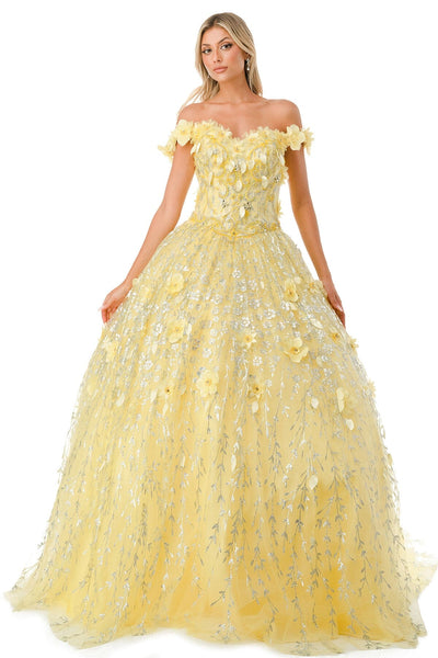 3D Floral Off Shoulder Glitter Ball Gown by Coya L2728