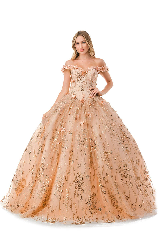 3D Floral Off Shoulder Glitter Ball Gown by Coya L2766A