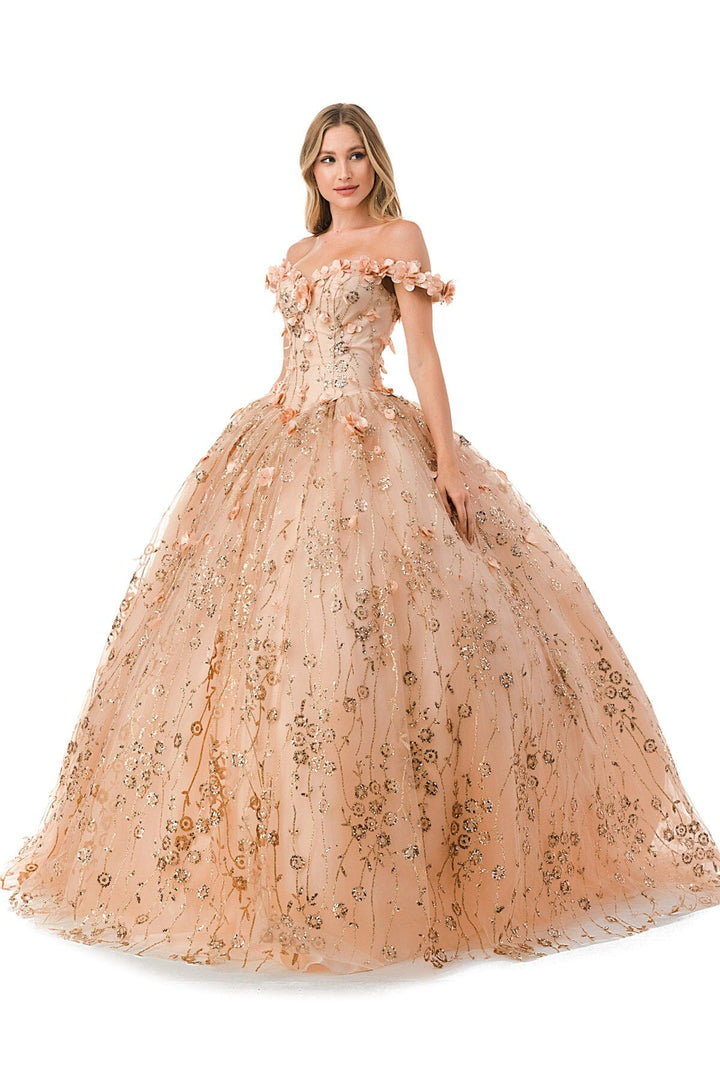 3D Floral Off Shoulder Glitter Ball Gown by Coya L2766A