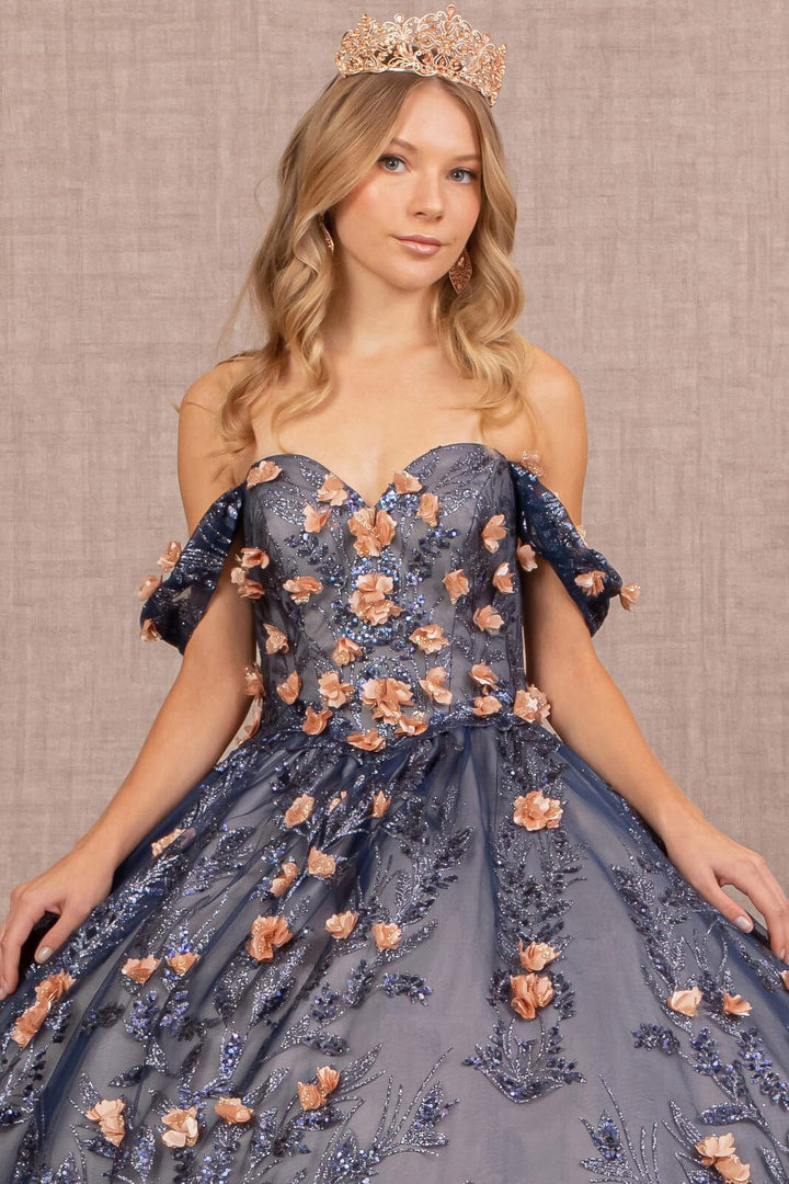 3D Floral Off Shoulder Glitter Ball Gown by Elizabeth K GL3106