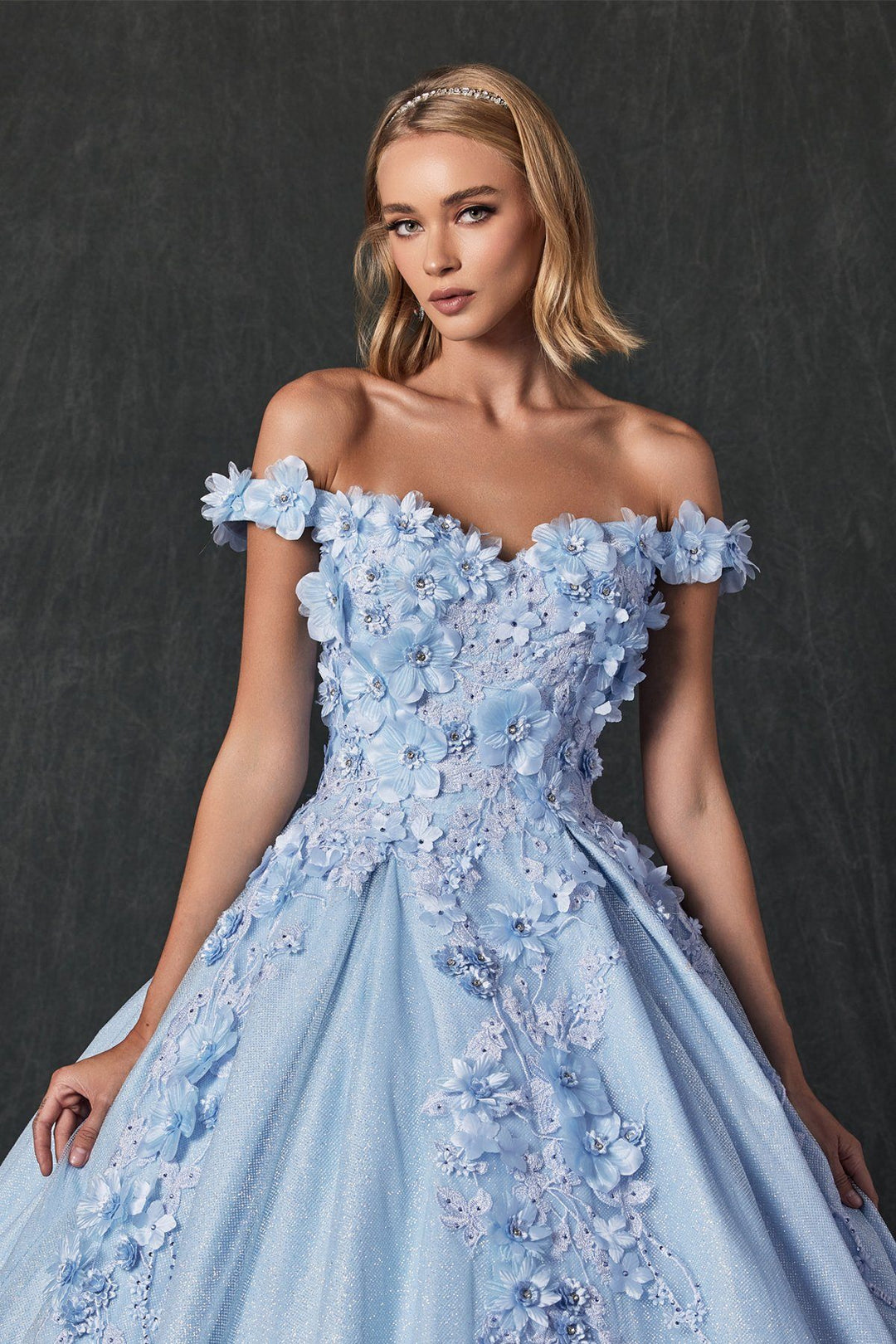 3D Floral Off Shoulder Glitter Ball Gown by Juliet 1433