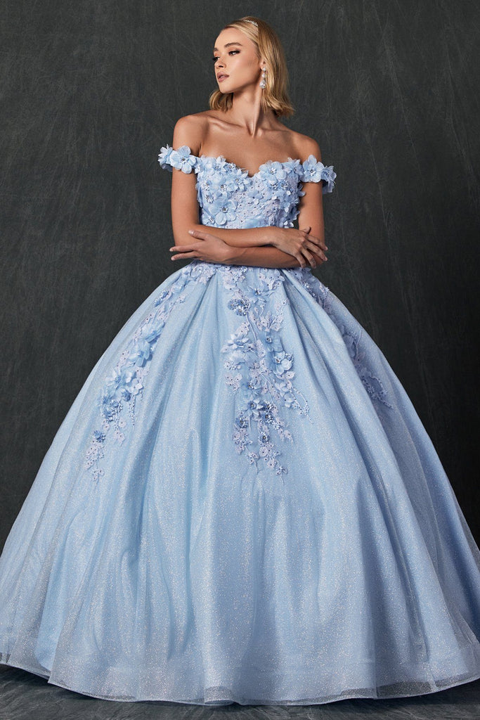 Viniodress Light Blue Tulle Quince Dresses 3D Flower Off The Shoulder Cinderella Ball Gown 66706 Custom Colors / US10