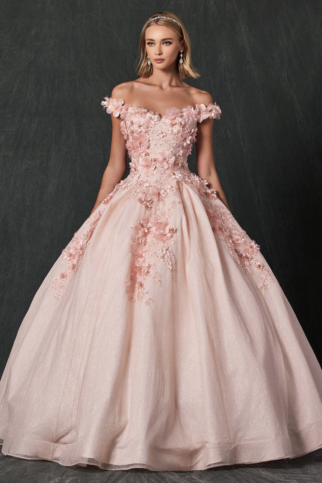 3D Floral Off Shoulder Glitter Ball Gown by Juliet 1433