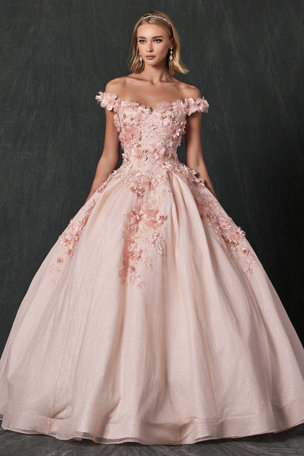 3D Floral Off Shoulder Glitter Ball Gown by Juliet 1433