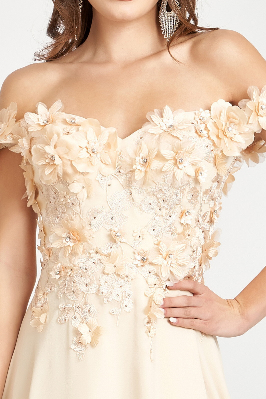 3D Floral Off Shoulder Slit Gown by Elizabeth K GL3018