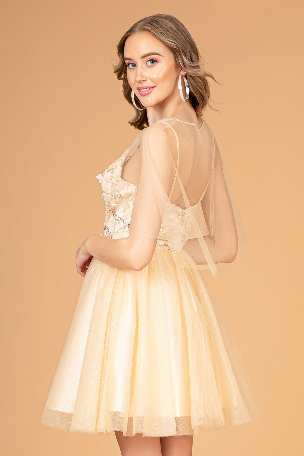 3D Floral Short Glitter Cape Dress by Elizabeth K GS3089