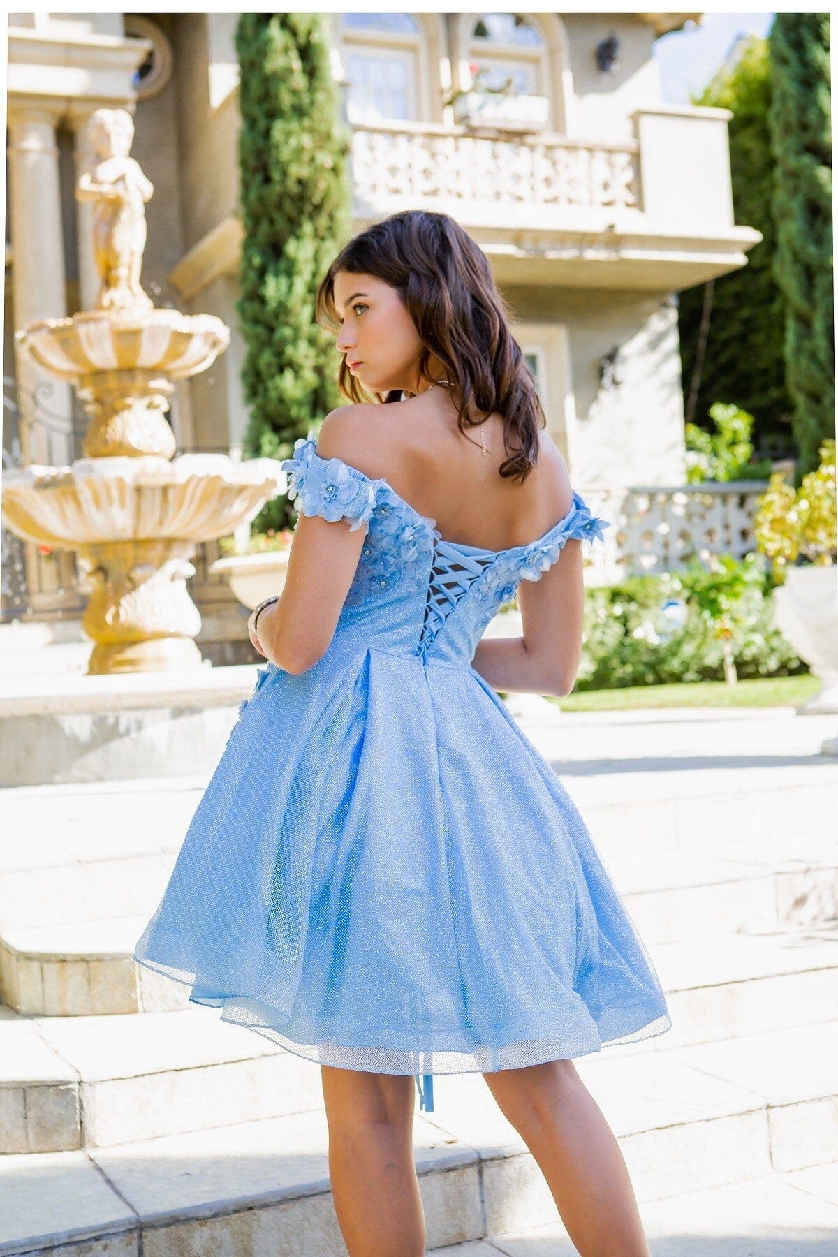 3D Floral Short Off Shoulder Dress by Cinderella Couture 5120J M Blue