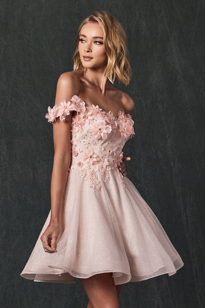 3D Floral Short Off Shoulder Dress by Juliet 861