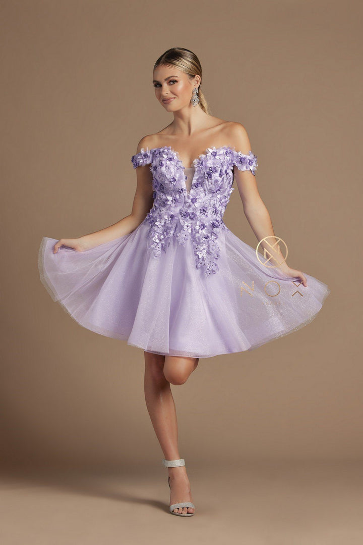 3D Floral Short Off Shoulder Dress by Nox Anabel E716