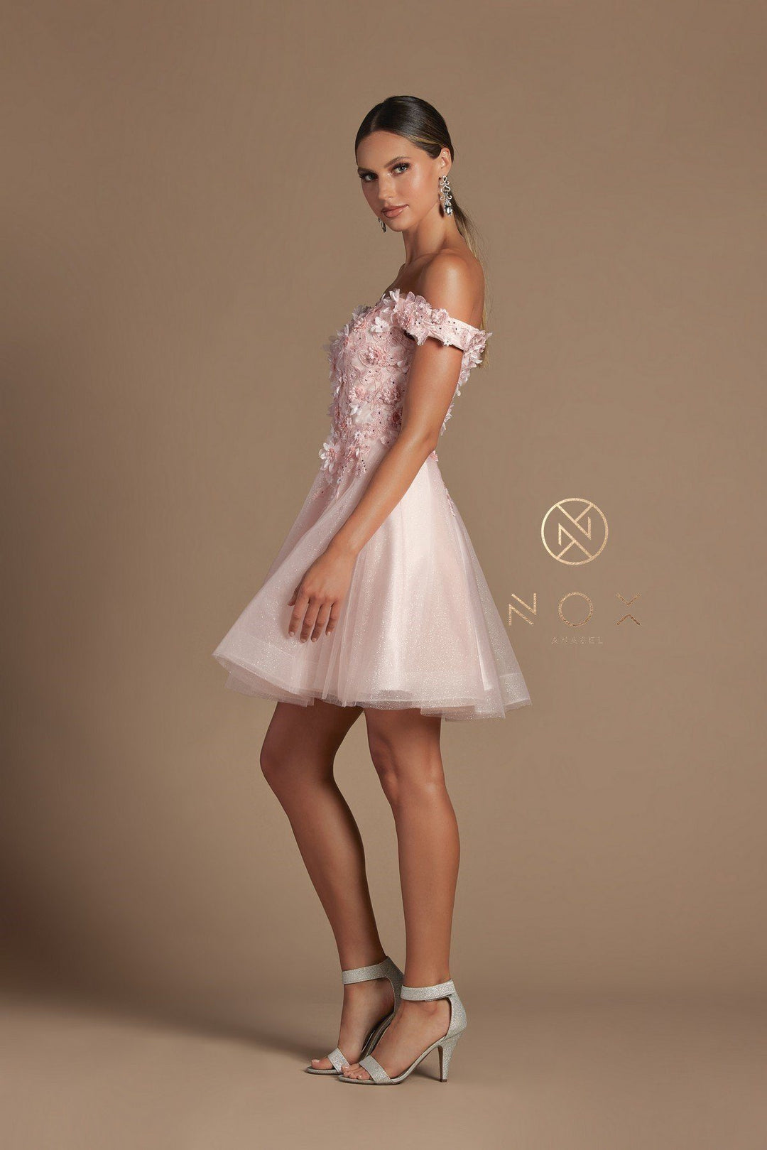 3D Floral Short Off Shoulder Dress by Nox Anabel E716