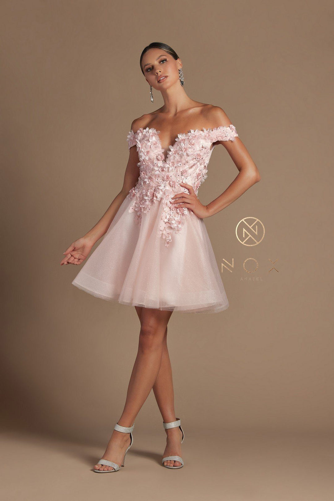3D Floral Short Off Shoulder Dress by Nox Anabel E716