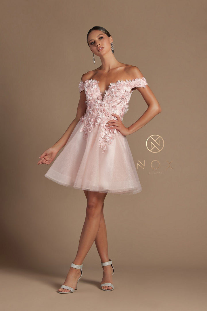 3D Floral Short Off Shoulder Dress by Nox Anabel E716