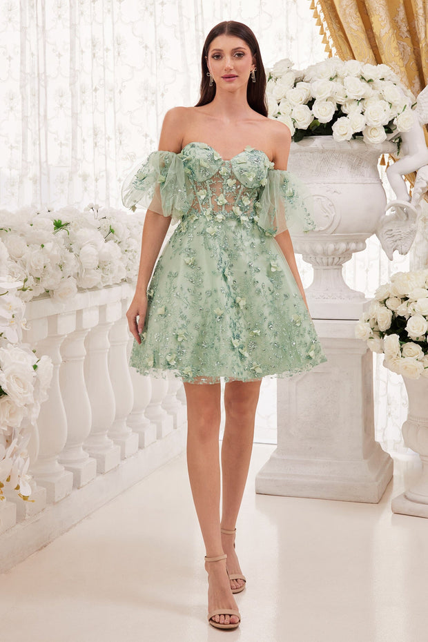 3D Floral Short Puff Sleeve Dress by Ladivine KV1089