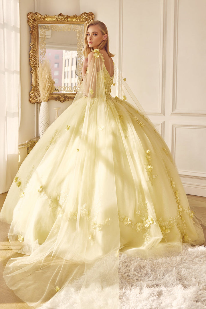 3D Floral Sleeveless Cape Ball Gown by Juliet 1436