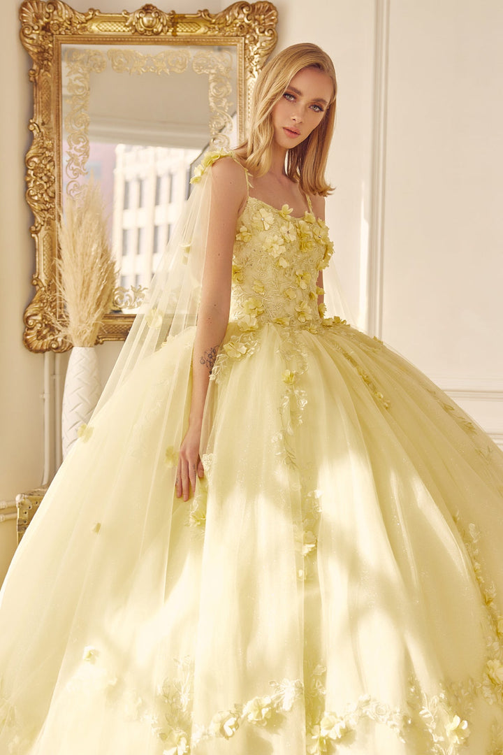 3D Floral Sleeveless Cape Ball Gown by Juliet 1436