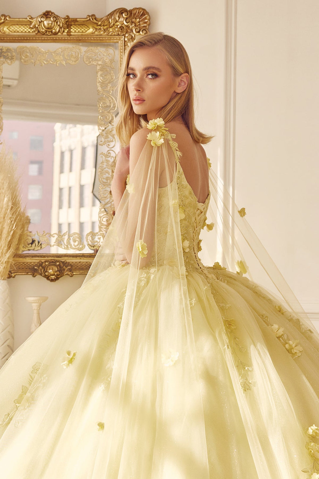 3D Floral Sleeveless Cape Ball Gown by Juliet 1436