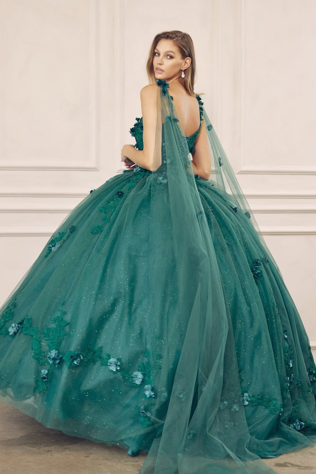 3D Floral Sleeveless Cape Ball Gown by Juliet 1436