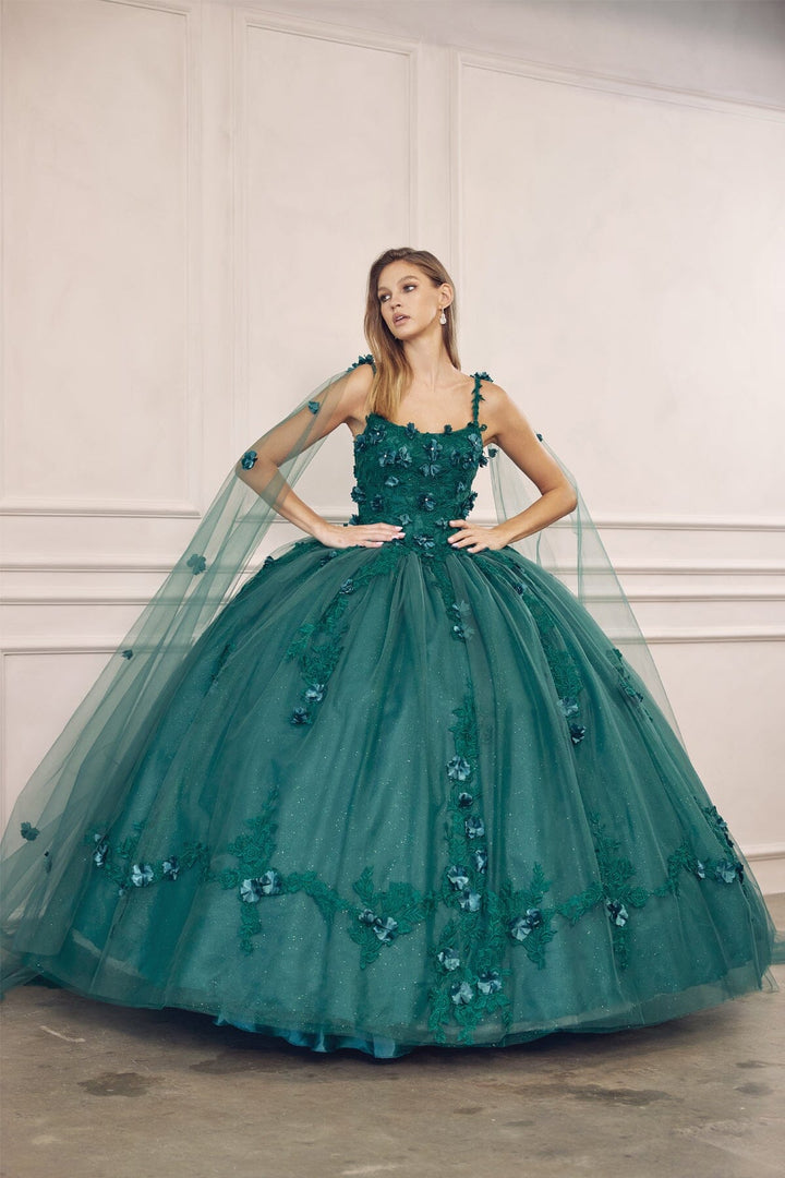 3D Floral Sleeveless Cape Ball Gown by Juliet 1436