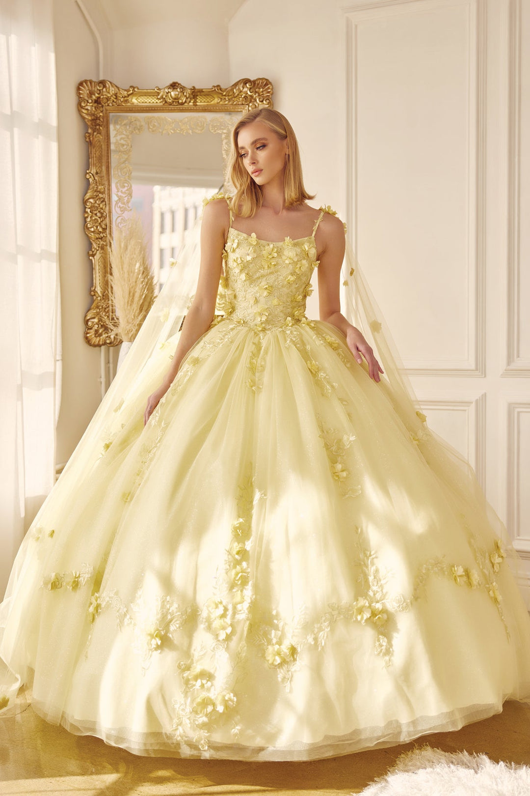 3D Floral Sleeveless Cape Ball Gown by Juliet 1436