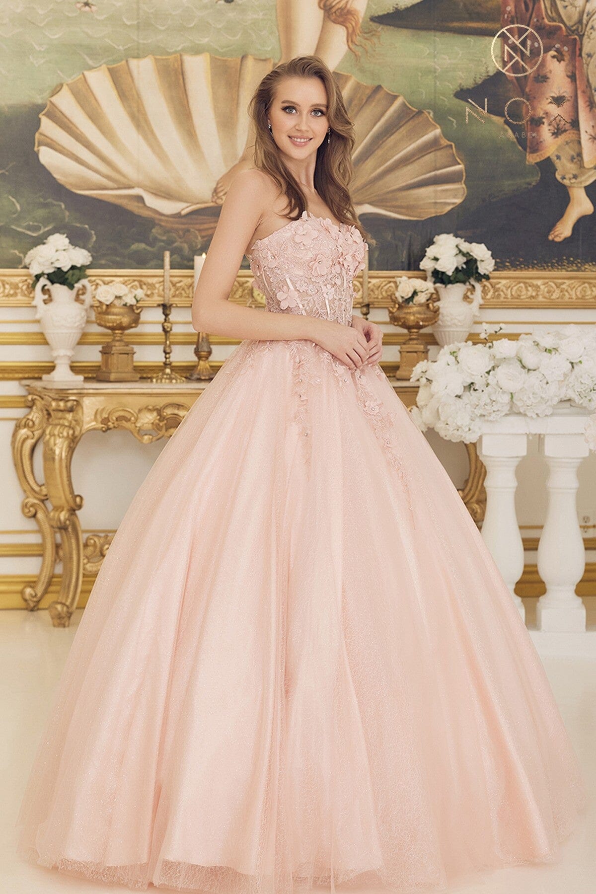 3D Floral Strapless Ball Gown by Nox Anabel CU1192 6 Blush