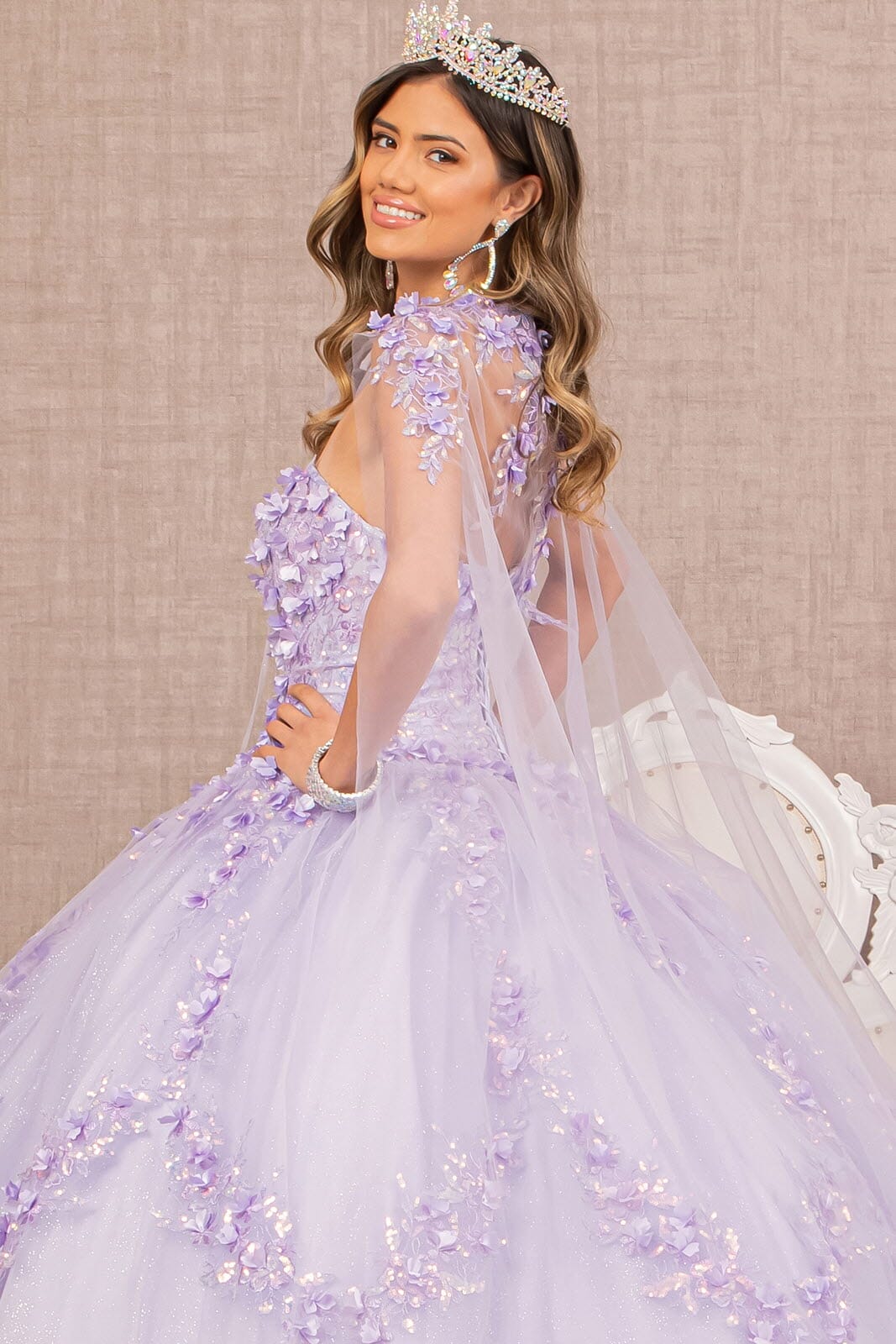 3D Floral Strapless Cape Ball Gown by Elizabeth K GL3103