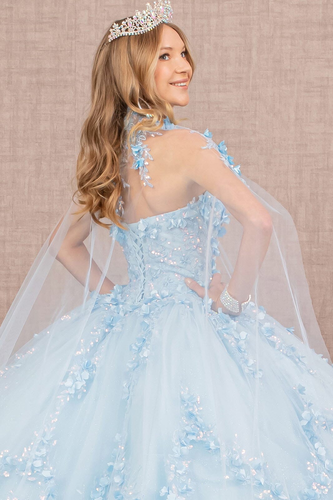 3D Floral Strapless Cape Ball Gown by Elizabeth K GL3103