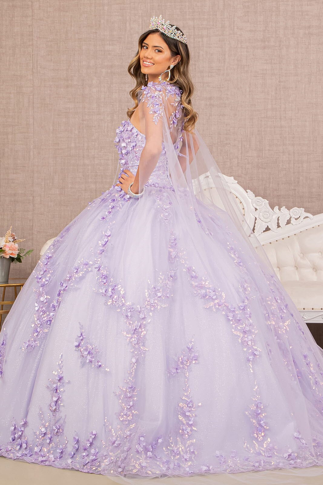 3D Floral Strapless Cape Ball Gown by Elizabeth K GL3103