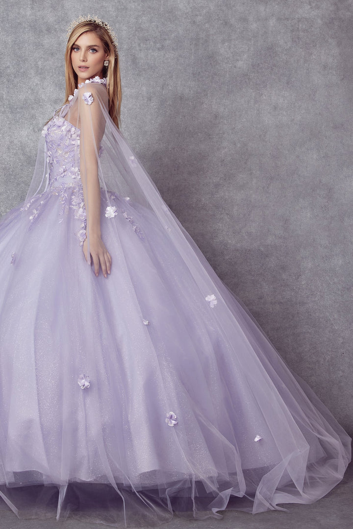 3D Floral Strapless Cape Ball Gown by Juliet 1435